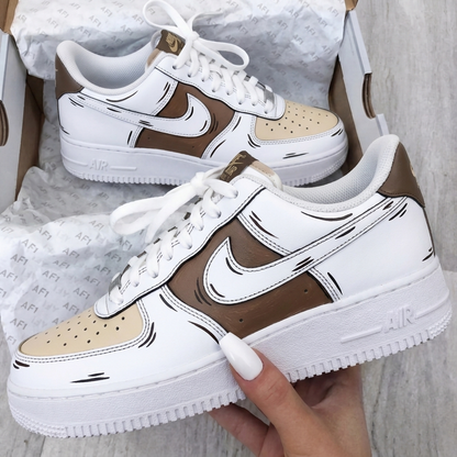 Custom AF 1s Shoes Cartoon Sketch Brown Beige