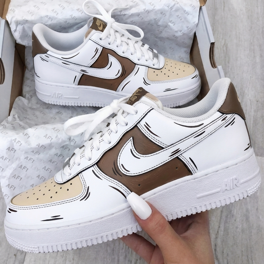 Custom AF 1s Shoes Cartoon Sketch Brown Beige