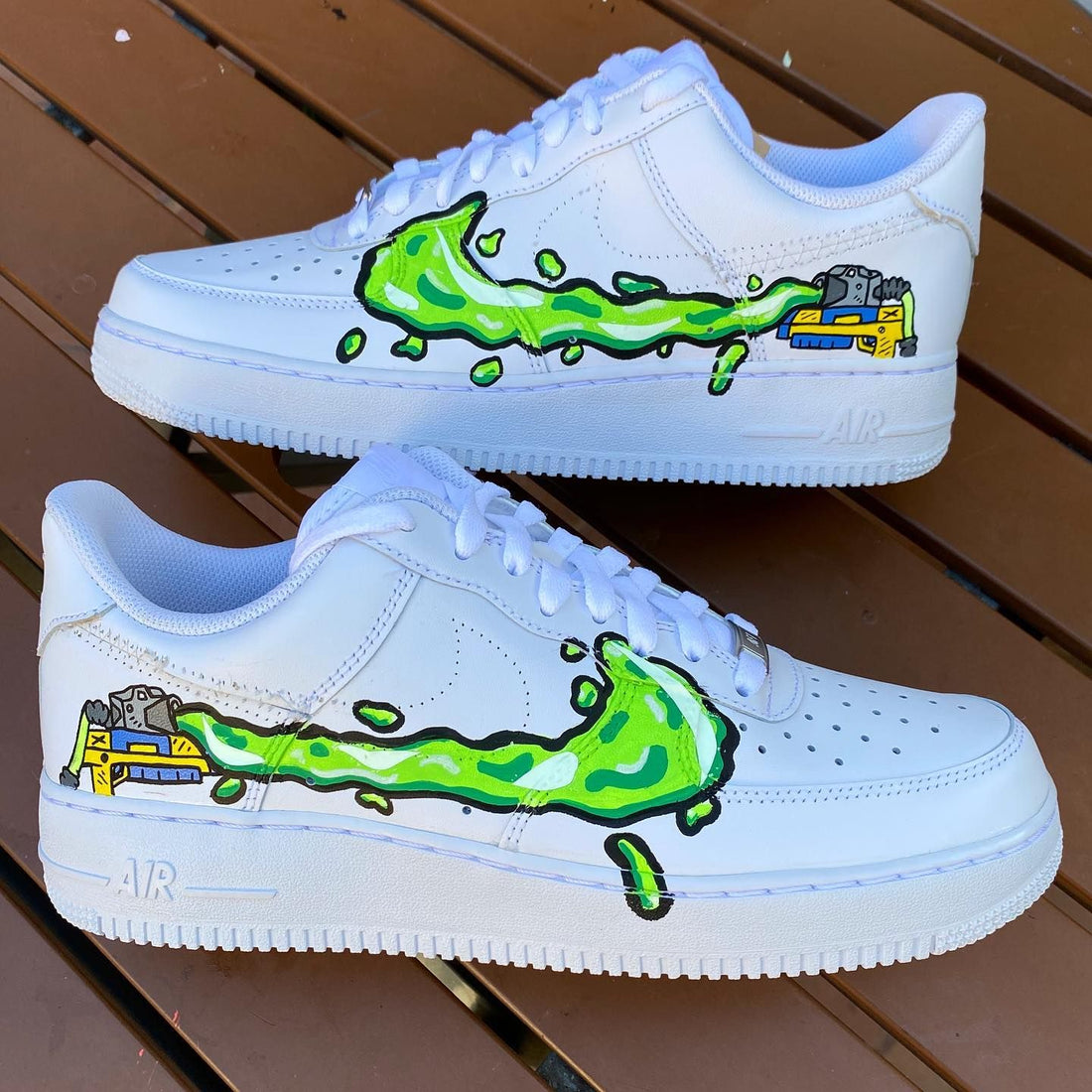 Custom AF 1s Shoes Cartoon Spray Paint Design Green Yellow