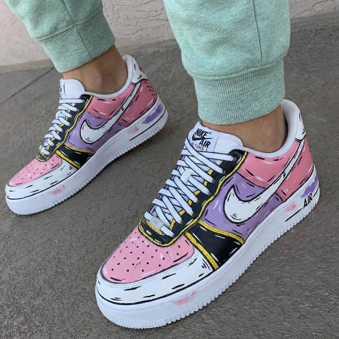 Custom AF 1s Shoes Cartoon Style Baby Pink Purple Black