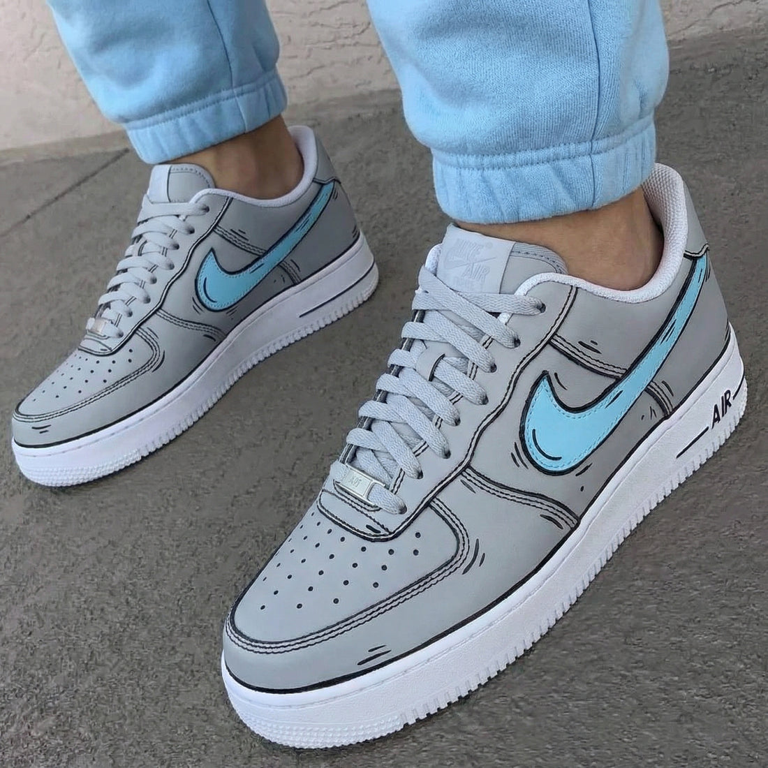 Custom AF 1s Shoes Cartoon Style Outline Gray Baby Blue