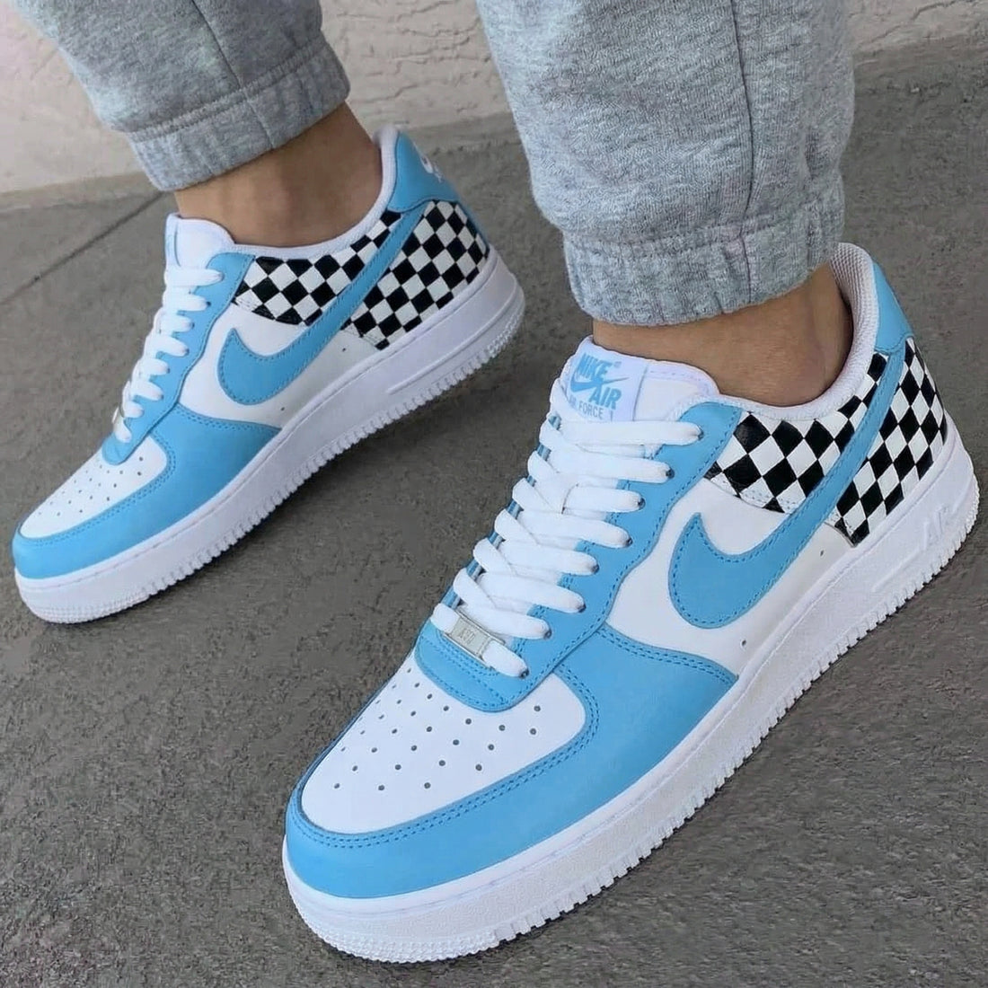 Custom AF 1s Shoes Checkerboard Pattern Baby Blue