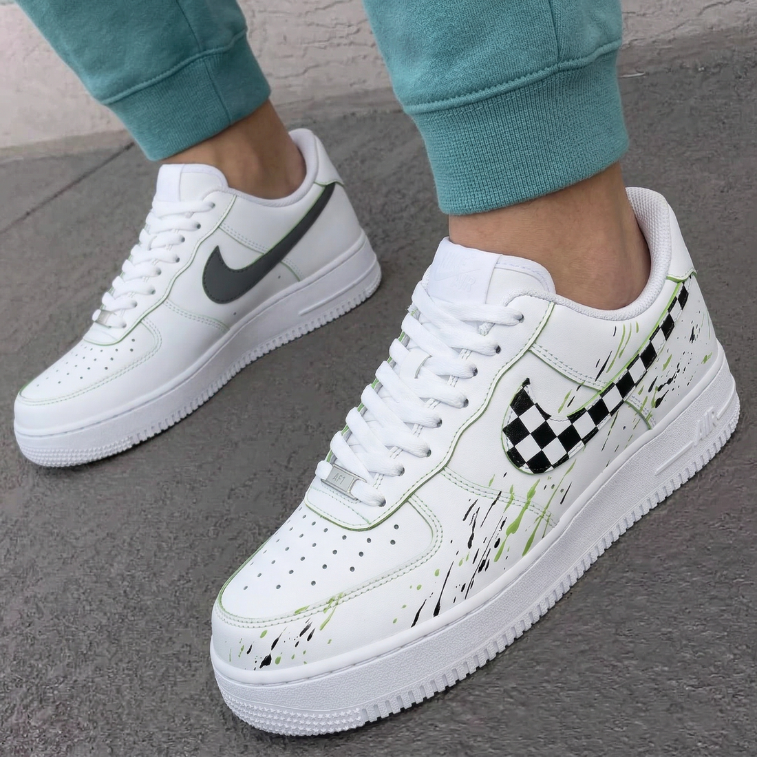Custom AF 1s Shoes Checkerboard Swoosh Green Black Splatter
