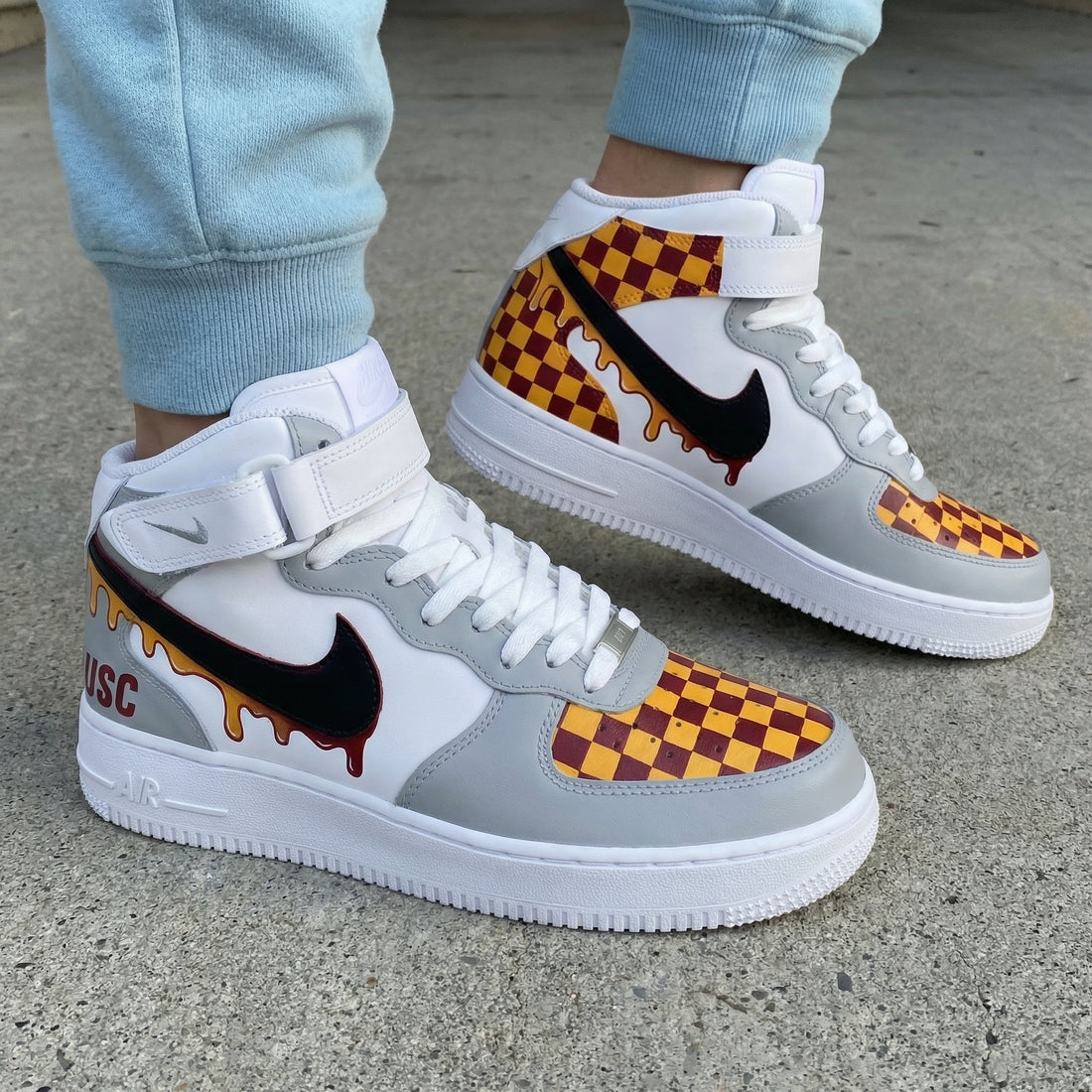 Custom AF 1s Shoes Checkered Pattern Gray Maroon