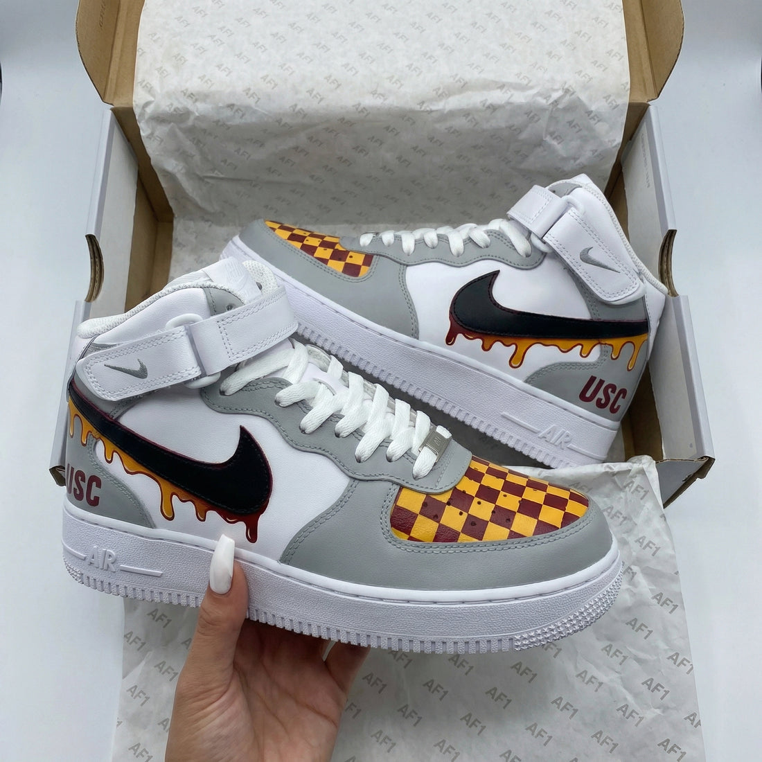 Custom AF 1s Shoes Checkered Pattern Gray Maroon