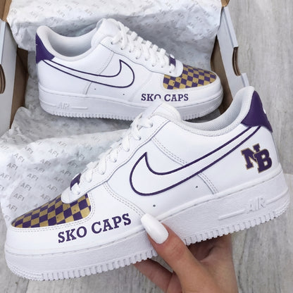Custom AF 1s Shoes Checkered Pattern SKO CAPS NB Purple Gold
