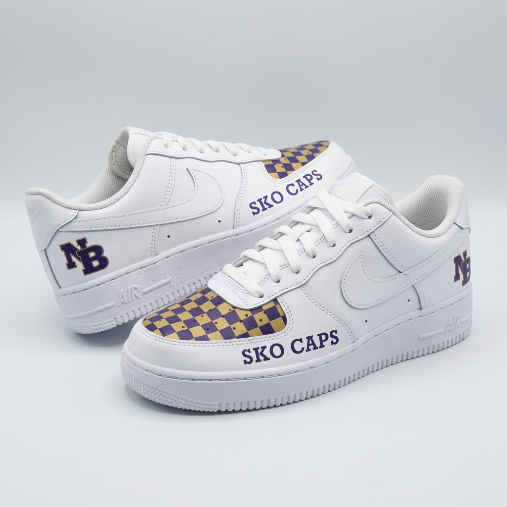 Custom AF 1s Shoes Checkered Pattern SKO CAPS NB Purple Gold