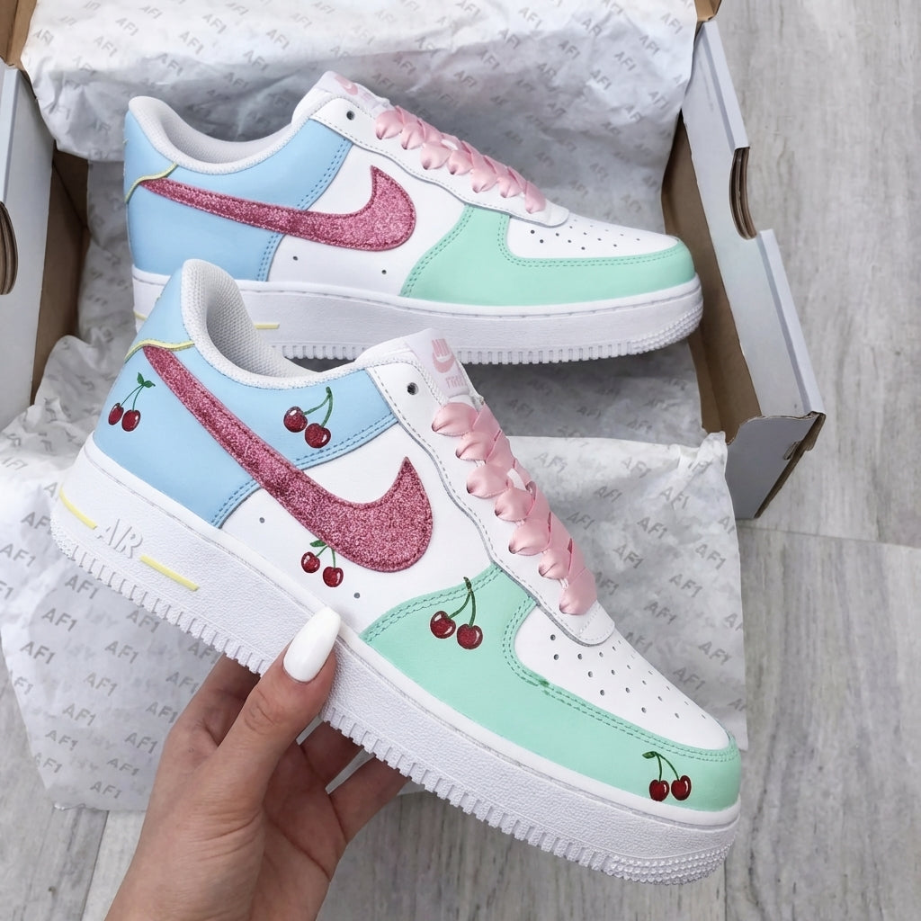 Custom AF 1s Shoes Cherries Glitter Swoosh Baby Blue Mint Green Pink