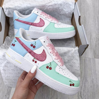 Custom AF 1s Shoes Cherries Glitter Swoosh Baby Blue Mint Green Pink