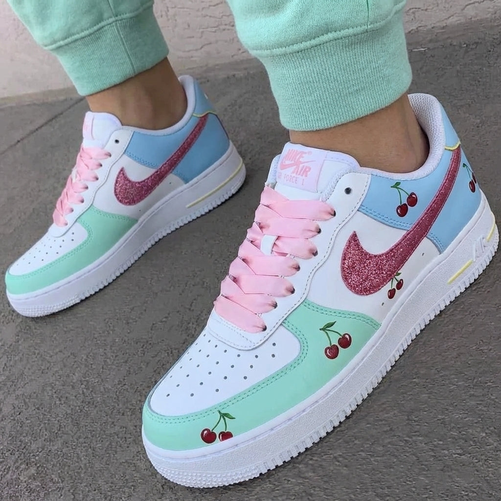 Custom AF 1s Shoes Cherries Glitter Swoosh Baby Blue Mint Green Pink