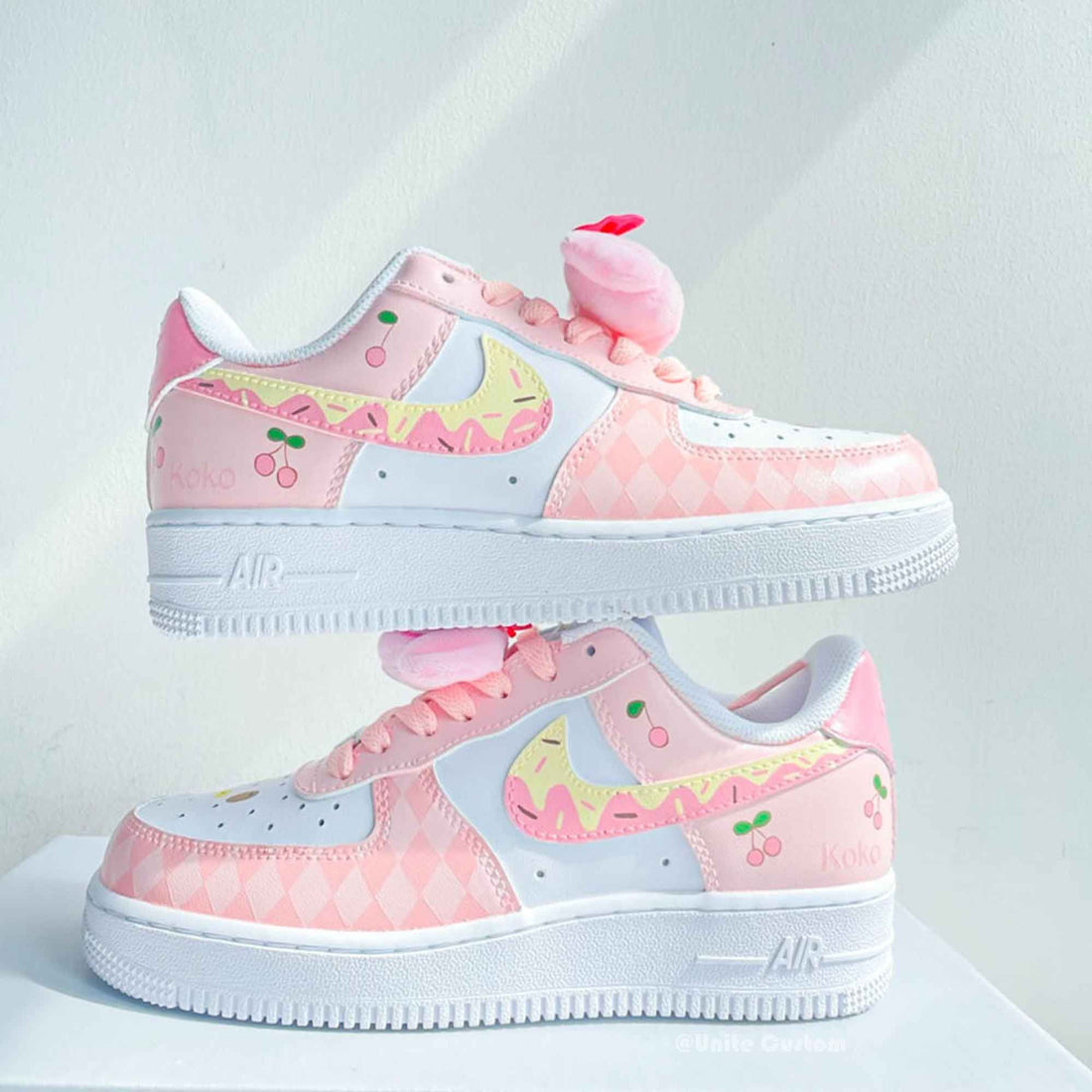 Custom AF 1s Shoes Cherry Argyle Baby Pink White