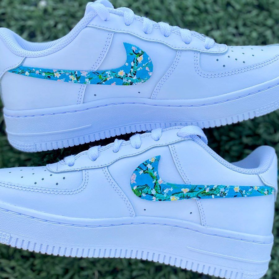 Custom AF 1s Shoes Cherry Blossom Pattern Blue