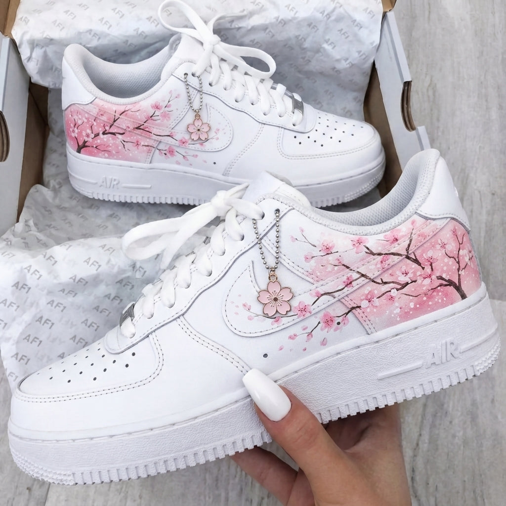 Custom AF 1s Shoes Cherry Blossom White Baby Pink