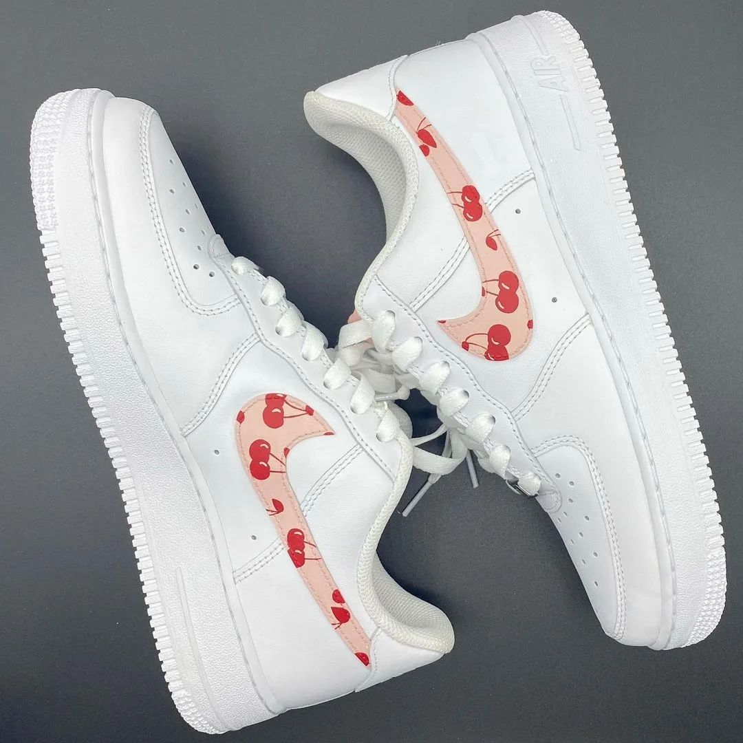 Custom AF 1s Shoes Cherry Pattern Baby Pink and Red