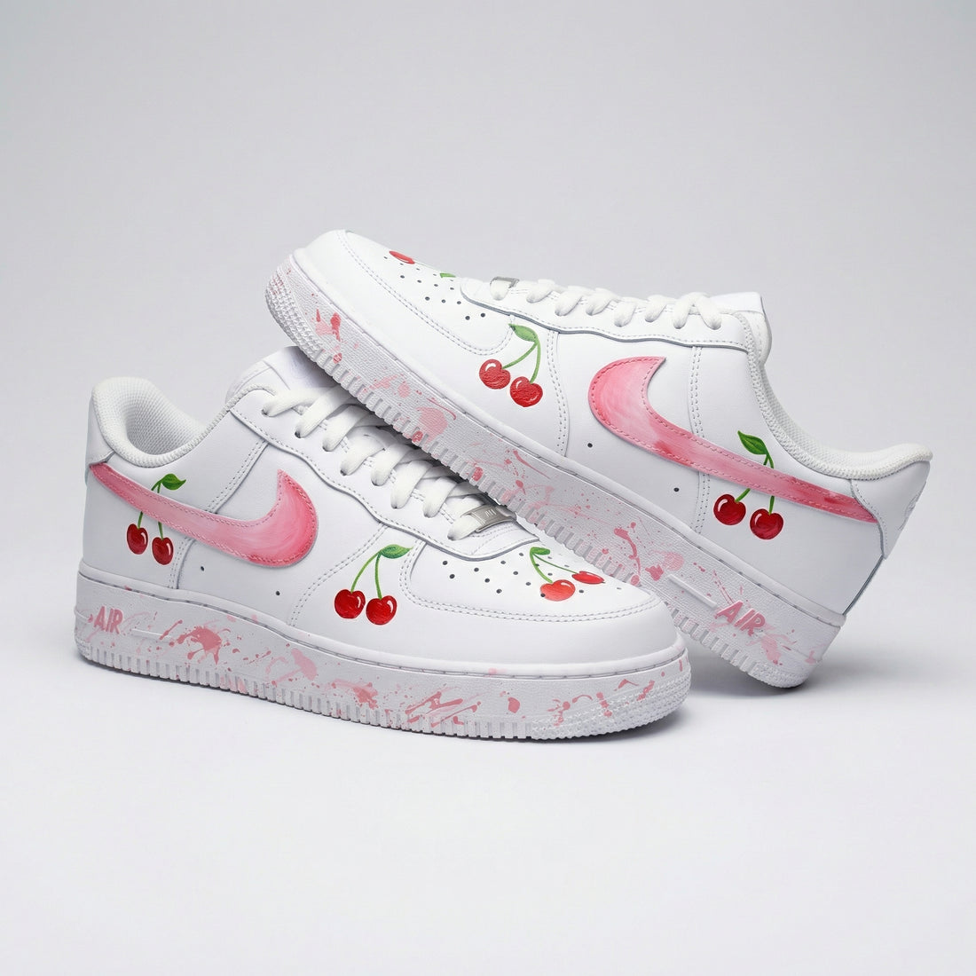 Custom AF 1s Shoes Cherry Pattern Baby Pink Red