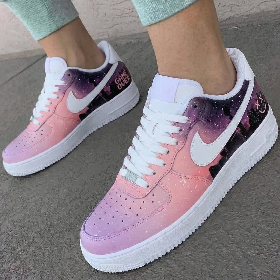 Custom AF 1s Shoes Cityscape Design Baby Pink Purple