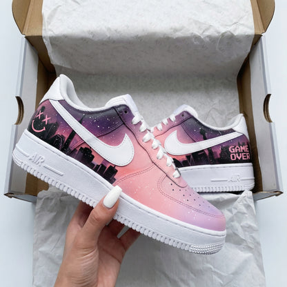 Custom AF 1s Shoes Cityscape Design Baby Pink Purple