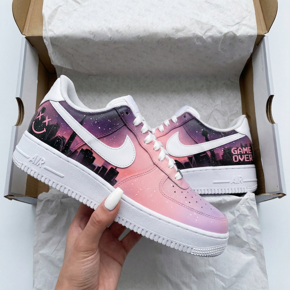Custom AF 1s Shoes Cityscape Design Baby Pink Purple