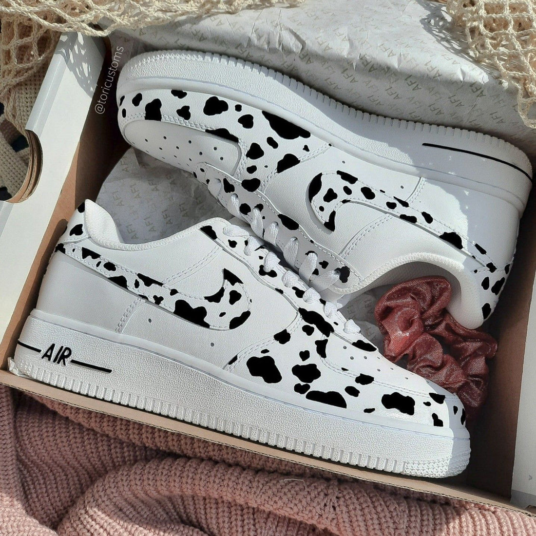 Custom AF 1s Shoes Classic Cow Print Black White