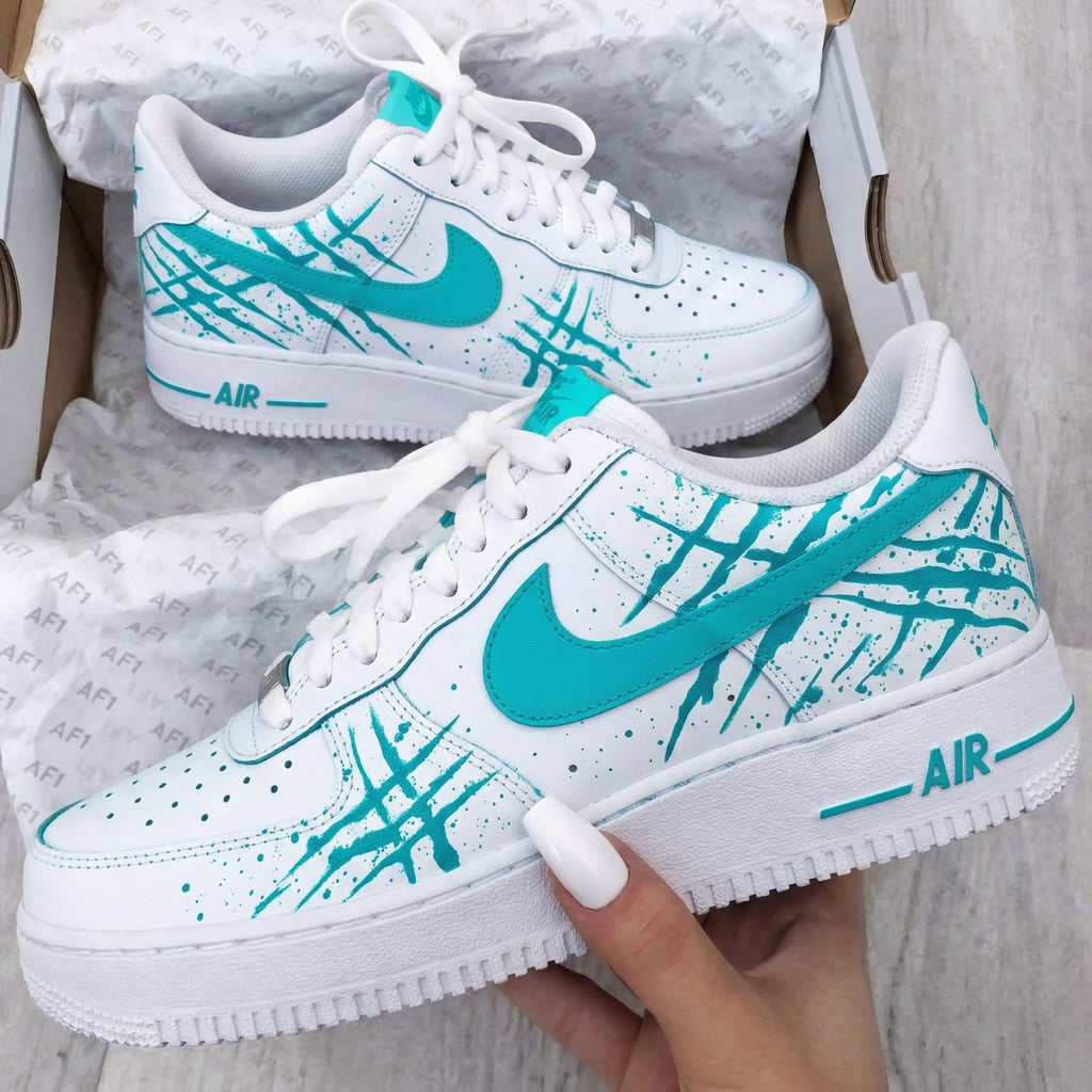 Custom AF 1s Shoes Claw Marks Splatter White Turquoise