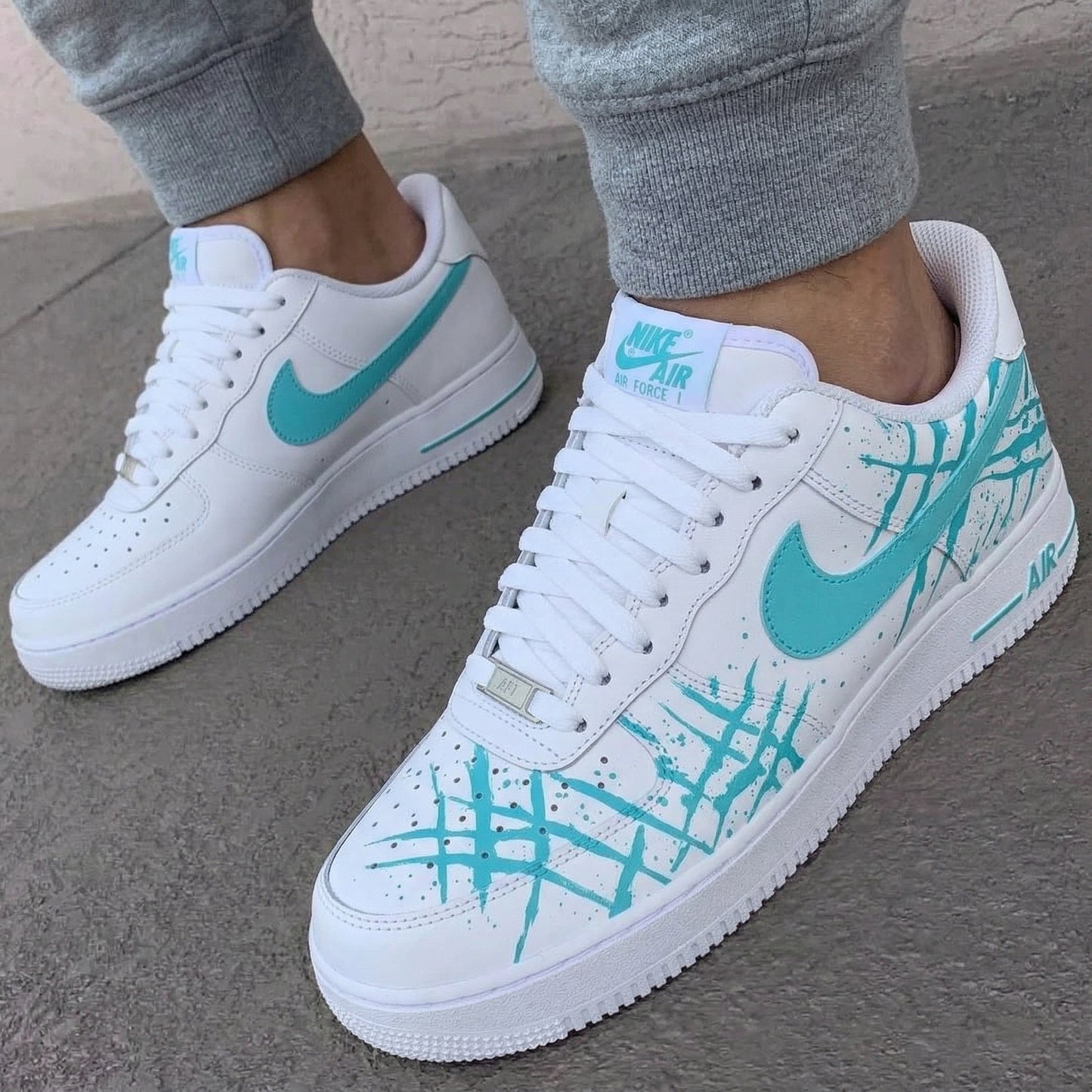 Custom AF 1s Shoes Claw Marks Splatter White Turquoise