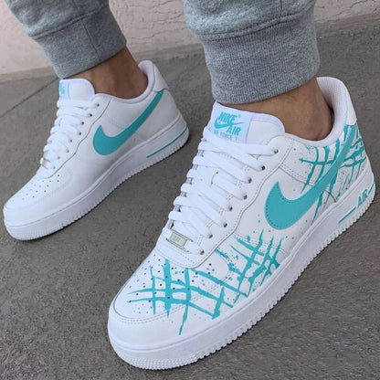 Custom AF 1s Shoes Claw Marks Splatter White Turquoise