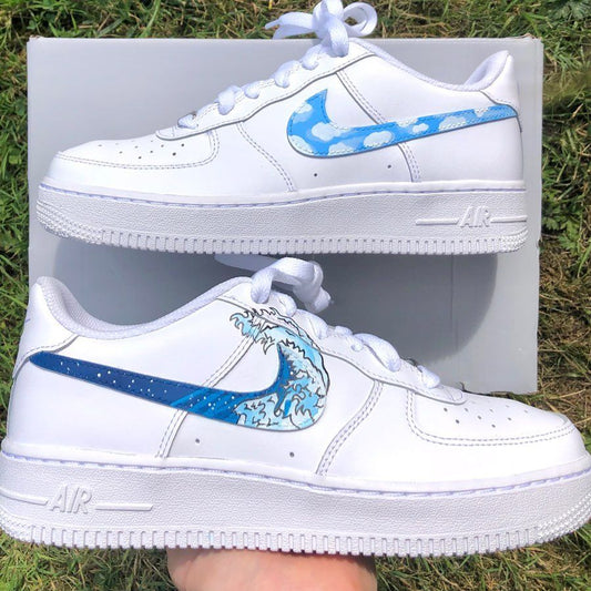 Custom AF 1s Shoes Cloud and Wave Pattern Blue