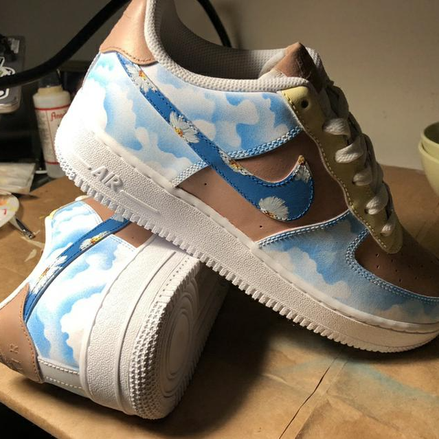 Custom AF 1s Shoes Cloud Daisy Pattern Blue Beige