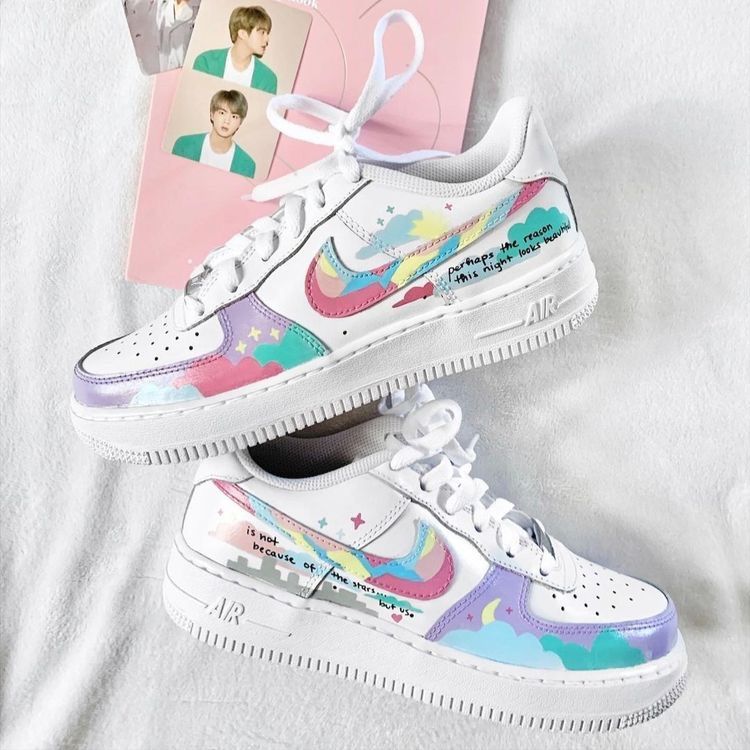 Custom AF 1s Shoes Cloud Star Pattern Baby Pink Light Blue