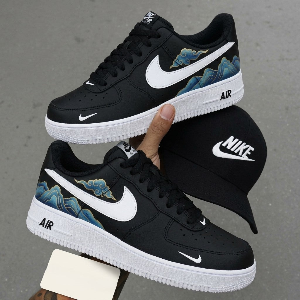 Custom AF 1s Shoes Clouds And Mountains Pattern Black Blue