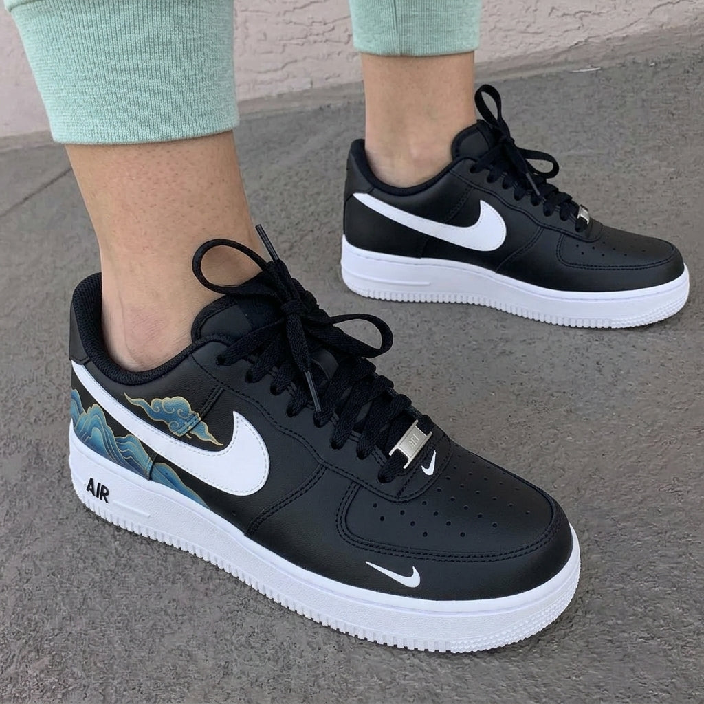 Custom AF 1s Shoes Clouds And Mountains Pattern Black Blue