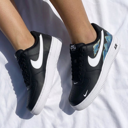 Custom AF 1s Shoes Clouds And Mountains Pattern Black Blue