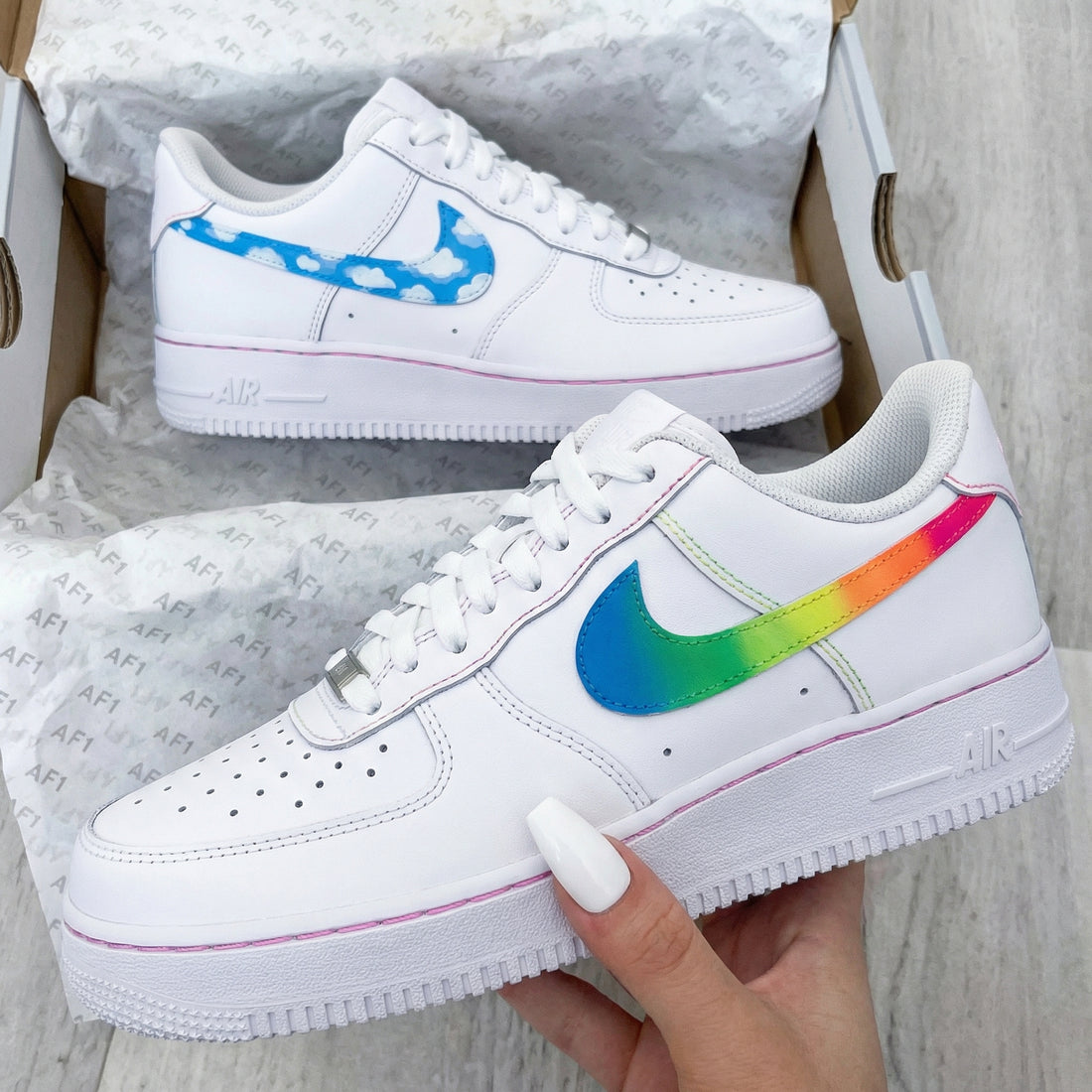 Custom AF 1s Shoes Clouds Rainbow Pattern Blue Pink