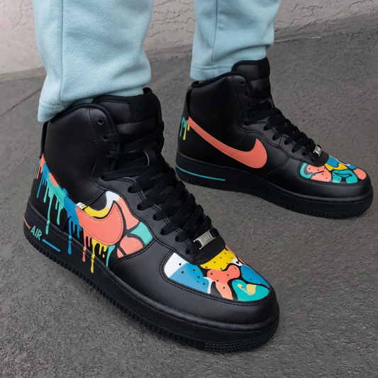 Custom AF 1s Shoes Colorful Graffiti Drip Coral Blue Teal Yellow Black