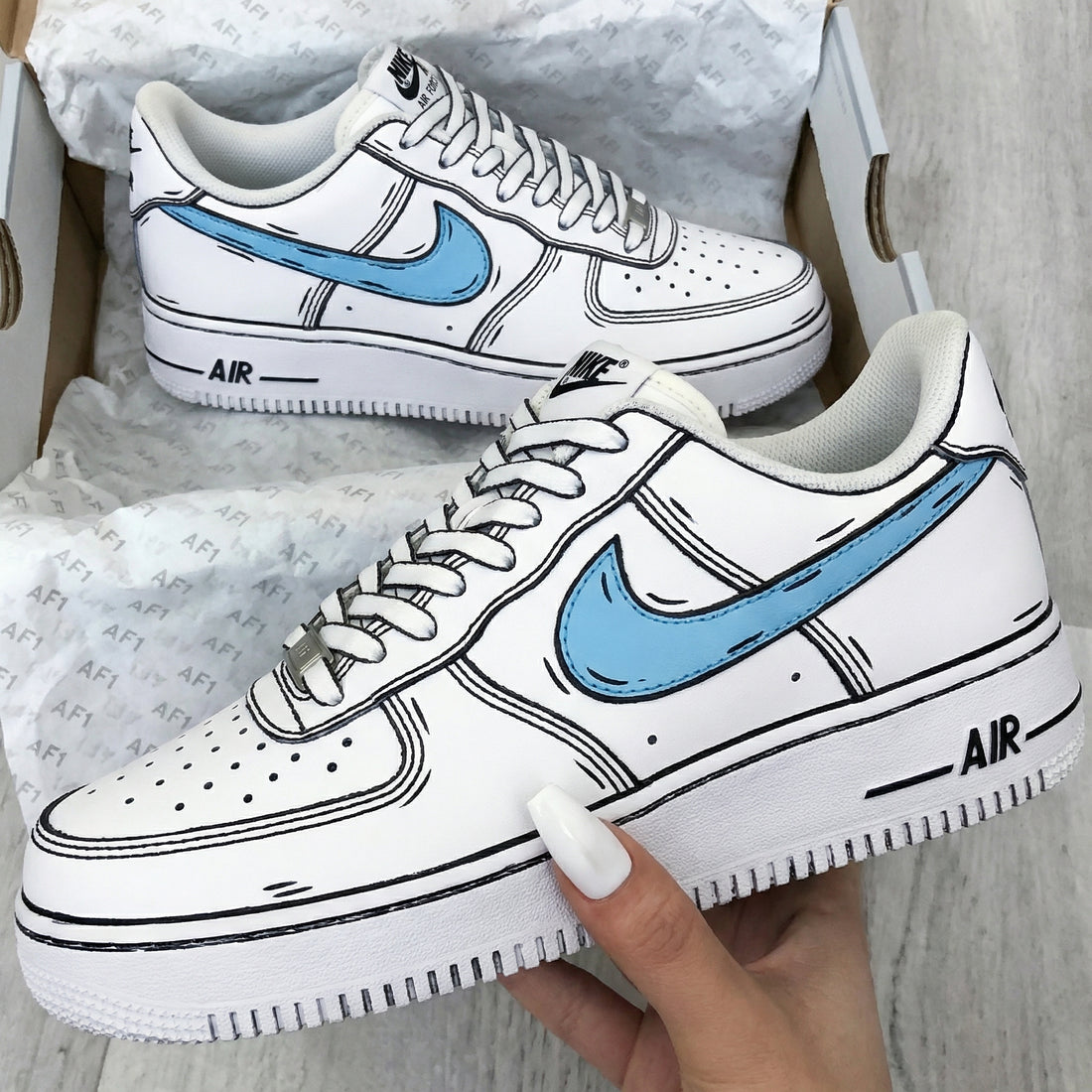 Custom AF 1s Shoes Comic Style Baby Blue Black