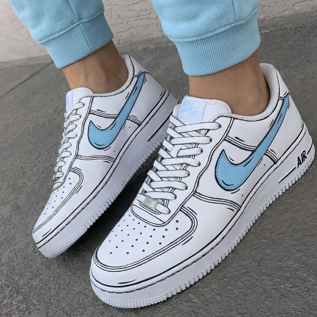 Custom AF 1s Shoes Comic Style Baby Blue Black