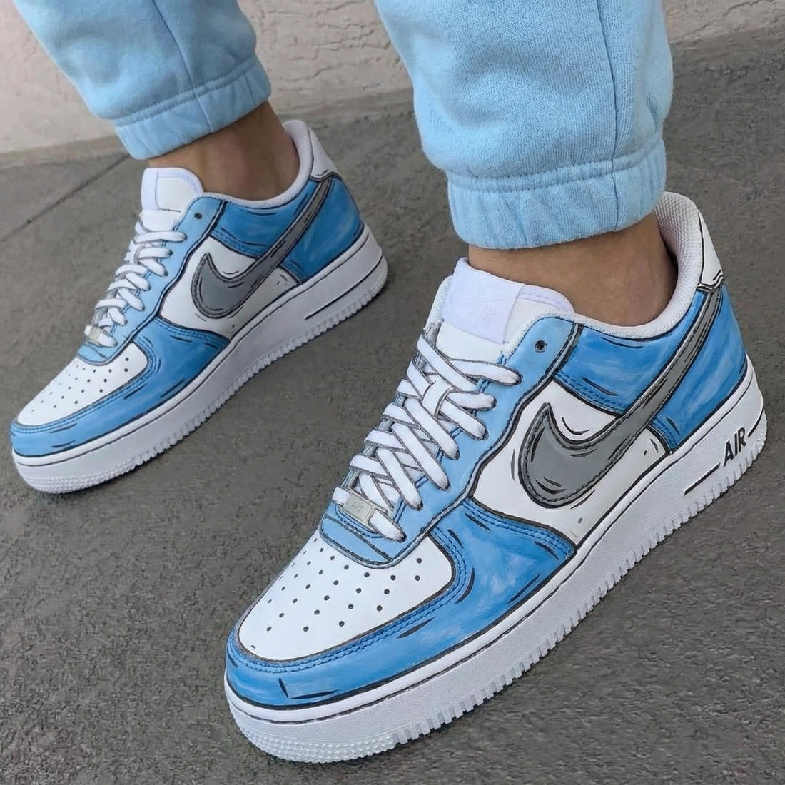 Custom AF 1s Shoes Comic Style Baby Blue Gray