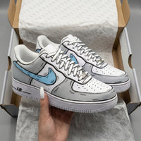 Custom AF 1s Shoes Comic Style Design Gray Baby Blue