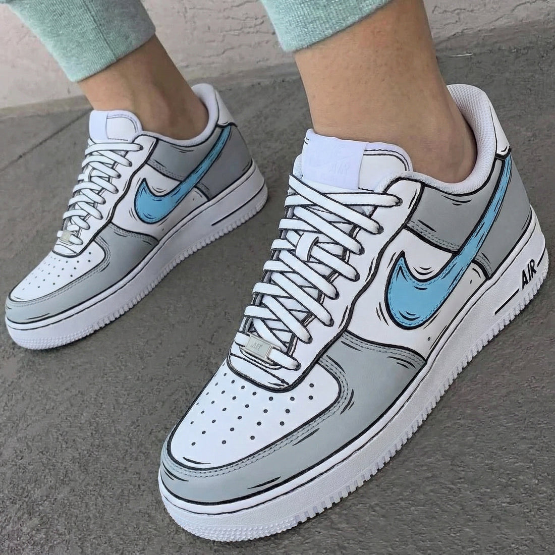 Custom AF 1s Shoes Comic Style Design Gray Baby Blue