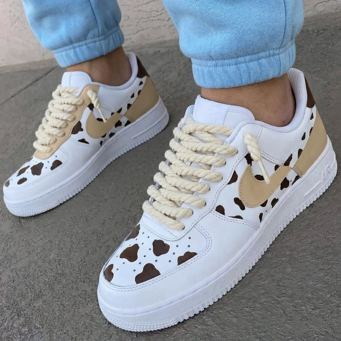 Custom AF 1s Shoes Cow Print Beige Brown Thick Shoelaces