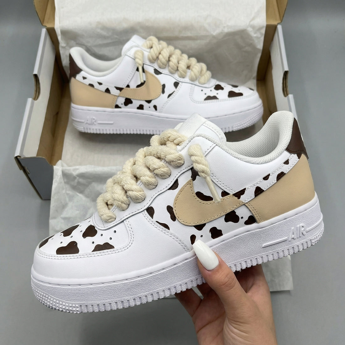 Custom AF 1s Shoes Cow Print Beige Brown Thick Shoelaces