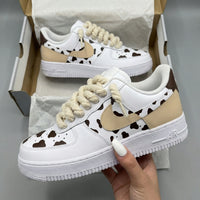 Custom AF 1s Shoes Cow Print Beige Brown Thick Shoelaces