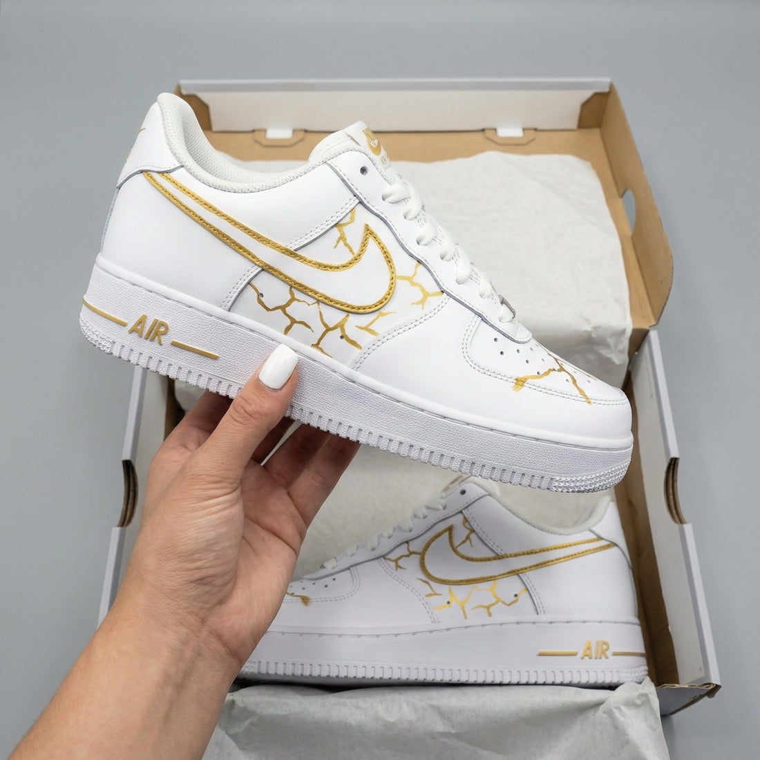 Custom AF 1s Shoes Crack Pattern White Gold