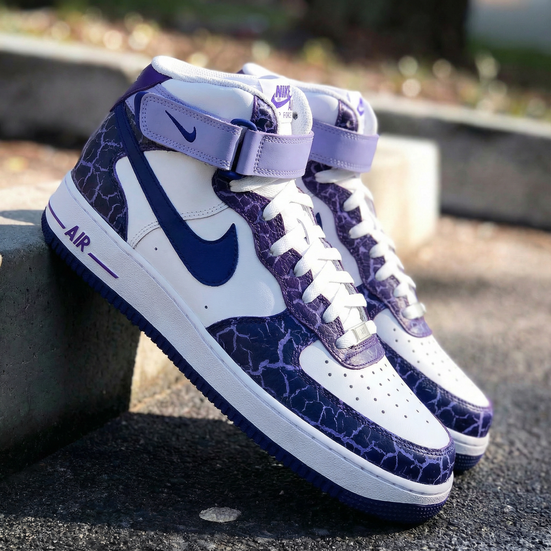 Custom AF 1s Shoes Cracked Pattern Purple Navy