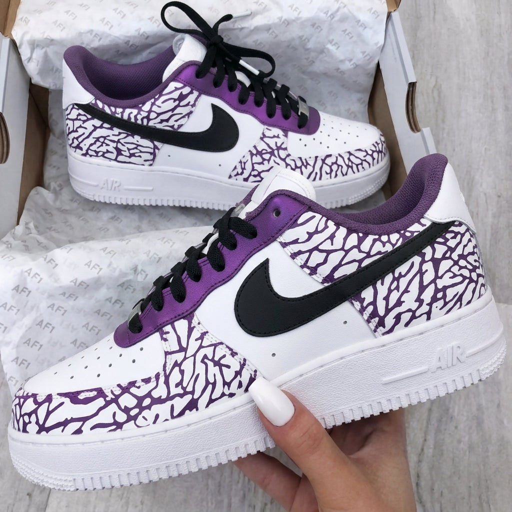 Custom AF 1s Shoes Cracked Print Purple Black