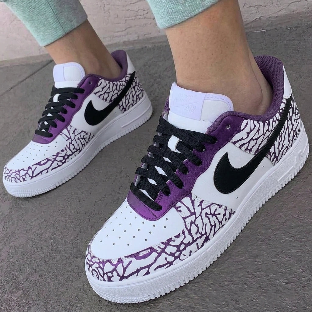 Custom AF 1s Shoes Cracked Print Purple Black