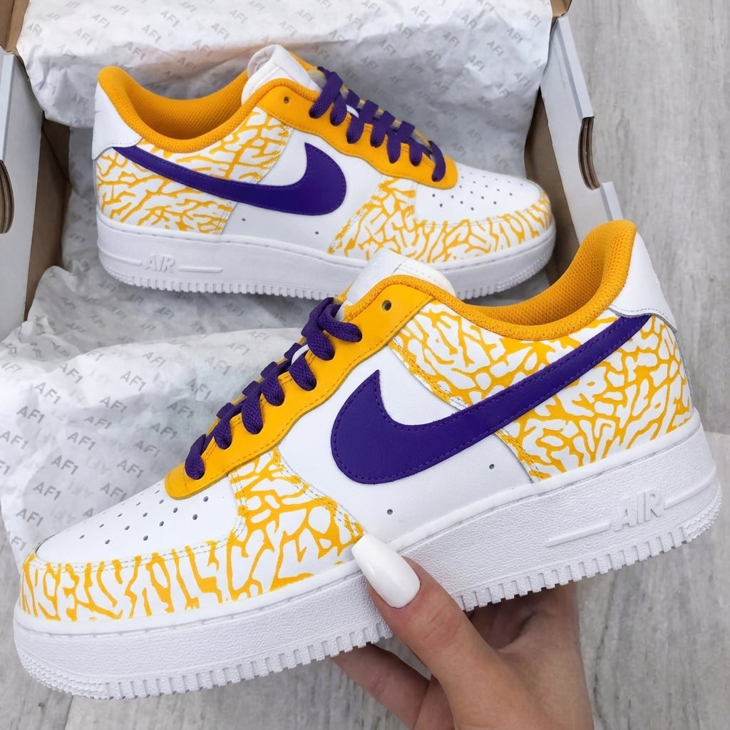 Custom AF 1s Shoes Cracked Print Yellow Purple