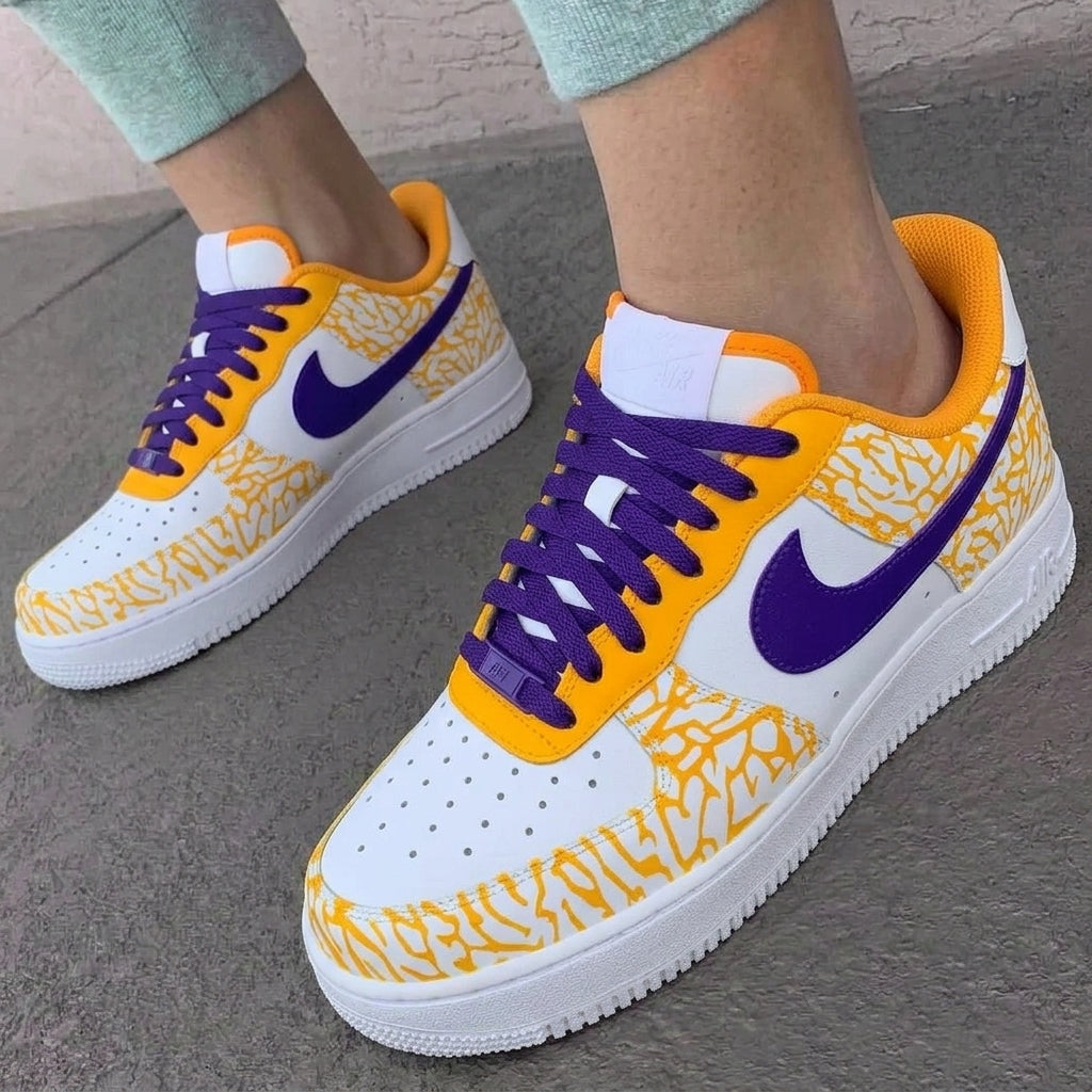 Custom AF 1s Shoes Cracked Print Yellow Purple