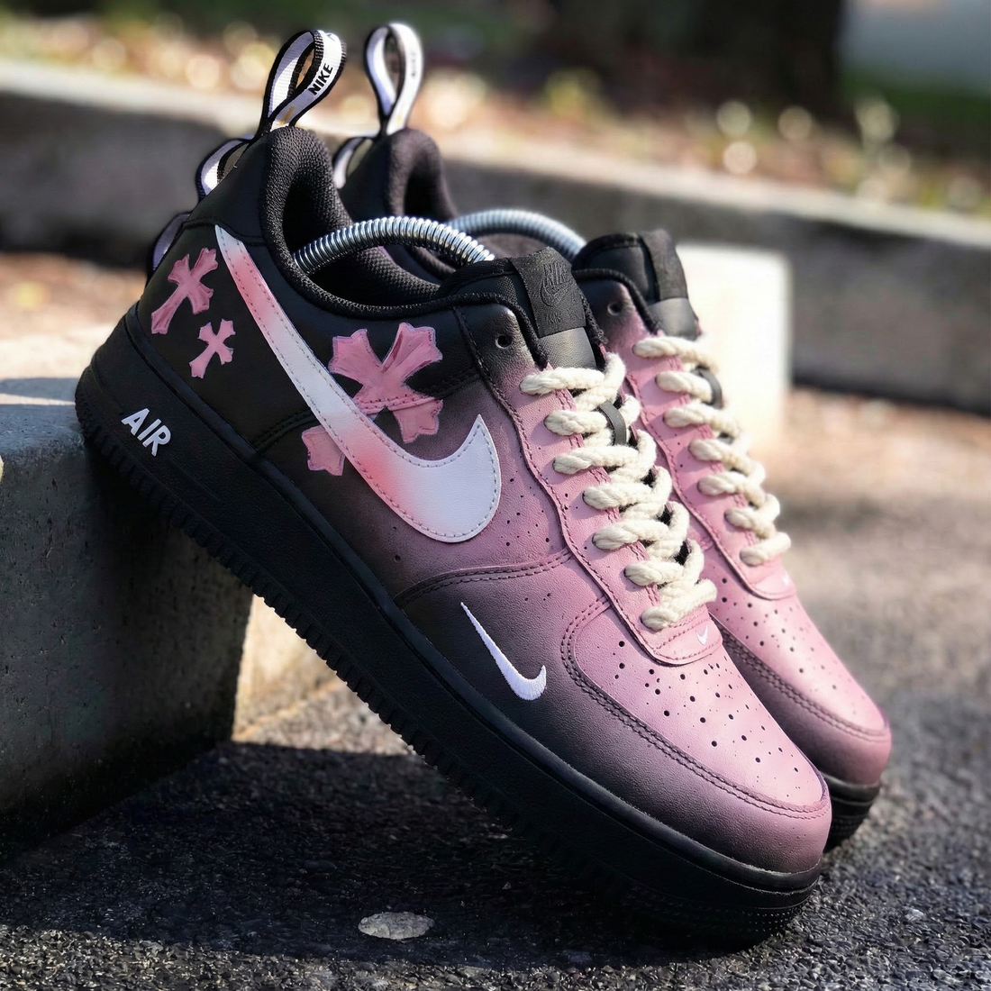 Custom AF 1s Shoes Cross Pattern Baby Pink Black