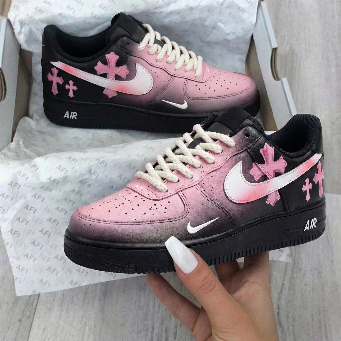 Custom AF 1s Shoes Cross Pattern Baby Pink Black